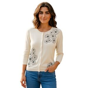 Medium PETITE Liz Claiborne Cardigan Black Floral Embroidery & Beads - Vintage